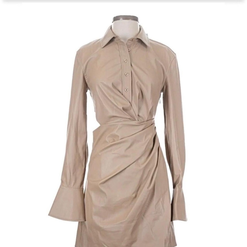 Jonathan Simkhai Mara vegan leather wrap mini dress tan cut out & draped Sz 4